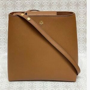 Tory Burch Small Emerson Bucket Bag Brown Cognac Saffiano Leather Crossbody